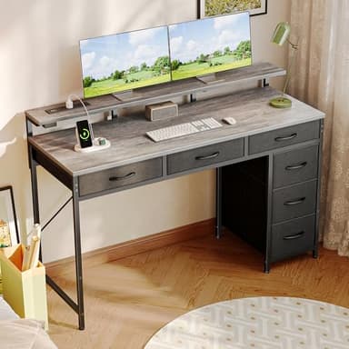 Huuger Gaming Desk with 6 Drawers, Computer Desk with LED Lights Power Outlets and Type-C, 47 Inch Office Desk with Storage, Monitor Stand, Writing Desk Work Desk for Home Office, Bedroom, Study, Grey - Image 2