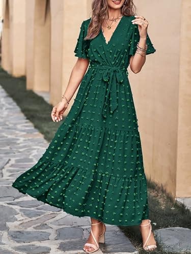 MASCOMODA Womens Boho Swiss Dot Maxi Dresses Wrap V Neck Flutter Short Sleeve Solid Tie Belt A Line Tiered Flowy Long Dress(Dark Green,Small) - Image 2