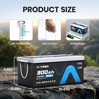 12V 300AH Bluetooth LiFePO4 Lithium Battery with Self-Heating, Built-in 200A BMS, Supports Low Temp Charging(-4°F), 5000+ Cycles, Max 2560W Power, Perfect for RV/Camper and Off-Grid Applications, etc. - Image 3