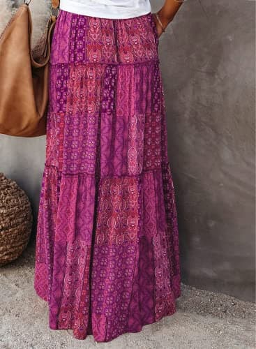 EARKOHA Womens Casual High Waist Tie Paisley Print Long Maxi Skirt with Pockets Purple M - Image 4