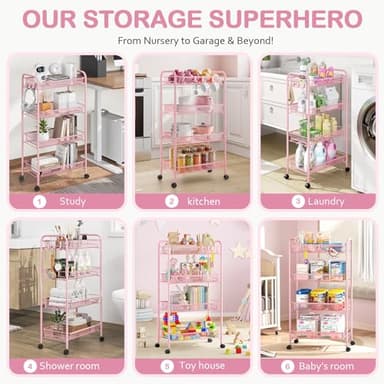 TOOLF 4 Tier Rolling Utility Cart - Durable Metal Design Pink Utility Cart, Storage Trolley on Wheels with 3 Hooks, Perfect for Kitchen, Bathroom & Laundry Room Organization - Image 7