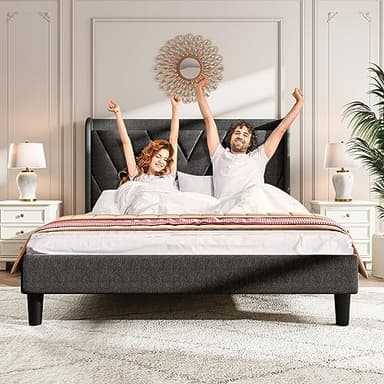 koorlian Queen Bed Frame with Headboard, Adjustable Upholstered Platform Bed Frame with Type-C&USB Ports, Wingback Storage Headboard, Solid Wood Slats Support, No Box Spring Needed, Dark Gray - Image 9
