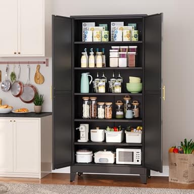 Metal Pantry Cabinet with 2 Doors and 5 Adjustable Shelves, 75" Kitchen Storage cabinets with Gold Handles, Versatile Storage for Laundry Room, Living Room, Bathroom, Dinning Room, Utility Room-Black - Image 9