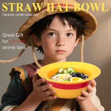 Ceramic Anime Style Straw Hat Ramen Bowl Set, Hammered Stainless Steel Fork & Spoon, Good ideal Gift Anime Merchandise for OP Fans(Captain’s Feast Edition) - Image 6