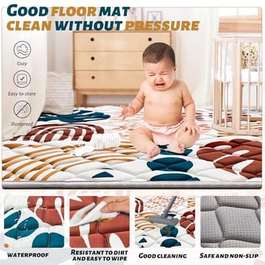 PLUUSHUU Baby Play Mats for Floor, 71x59 Playpen Mat for Babies, Extra Thicker & Soft Floor Crawling Mat, Foldable Non-Slip Playmat Cushioned for Infants Toddlers, Boho Leaf Design - Image 4