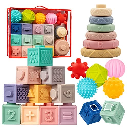 Jyusmile Baby Toys 6-12 Months, Montessori Toy for Babies 6-12 Months, Incl Stacking Building Blocks & Soft Infant Teething Toys & Sensory Balls for Toddlers 0-3-6-9-12 Month - Image 1