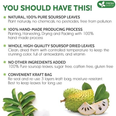FreshDrinkUS, 75+ Premium Soursop Graviola Dried Leaves Tea, Natural Whole Leaves, Wildcrafted, Hoja De Guanabana, Soursop/Guanabana/Graviola Tea, No Sugar/Gluten/Caffeine/Non GMO, Vegan - Image 3