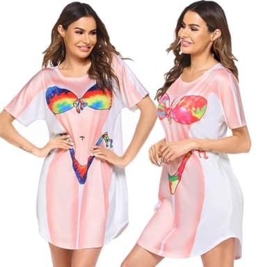 Ekouaer Women's Bikini Printed Tshirt Summer Swimsuit Shirt Cover Up for Women Funny Short Sleeve Beach Party Bikini Shirt M - Image 4