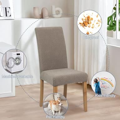 Dining Chair Cover,Dining Room Chair Covers Set of 4,Jacquard Stretch Kitchen Chair Cover,Detachable Washable Dining Chair Cover,Parsons Chair Slipcovers Protective,for Home,Restaurant,Banquet(Khaki) - Image 6