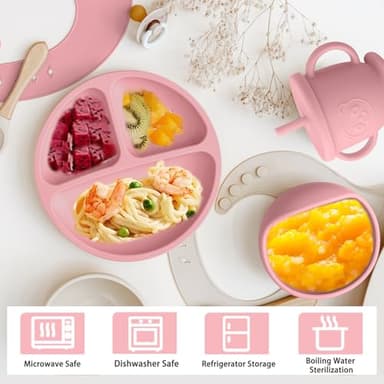 Munlinder Silicone Baby Feeding Set | Baby Led Weaning Supplies Includes Suction Bowls and Divided Plates, Adjustable Bib, Baby Utensils Spoons and Forks,Cup | Baby Feeding Essentials (Pink) - Image 3