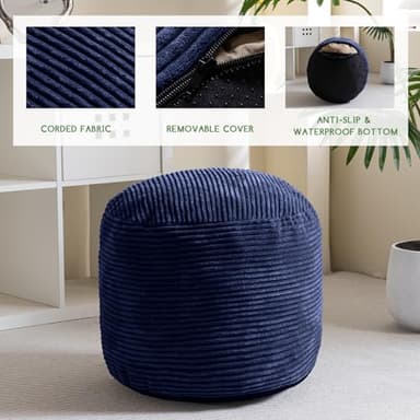 HIGOGOGO Round Stuffed Pouf Ottoman, Corduroy Poufs with Foam Chunk Filling, Furry and Fluffy Pouf Foot Stool Storage Ottoman, 20 X 15 Floor Poufs Foot Rest for Living Room, Navy - Image 3