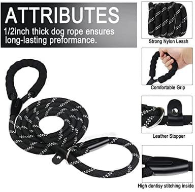 Dog Leash, 6 FT Heavy Duty Dog Leashes, Durable Premium Quality Strong Rope Slip Leash with Comfortable Padded Handle and Highly Reflective Threads for Small Medium and Large Dogs, (Black) - Image 2
