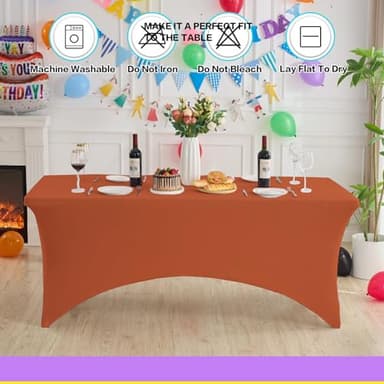 Heochy 2 Pack 6FT Table Cloth for Rectangle Tables - Stretch Burnt Orange Tablecloth Rectangular Fitted Spandex Table Covers 6 ft for Birthday, Cocktail, Wedding, Banquet Outdoor Party - Image 2
