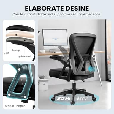 Office Chair, Ergonomic Home Computer Desk Chairs, Comfy Breathable Mesh Chair with Adjustable Lumbar Support Flip-up Armrests, Executive Task Chair with High Back for Home Office Rolling Swivel Chair - Image 5
