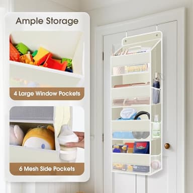 SpaceHacks 1 Pack Over The Door Organizer, Hanging Storage Organizer with Clear Window, 40lb Ultra Sturdy Large Capacity Room Organizer for Pantry Bathroom Nursery Closet Baby Essential (Beige) - Image 4