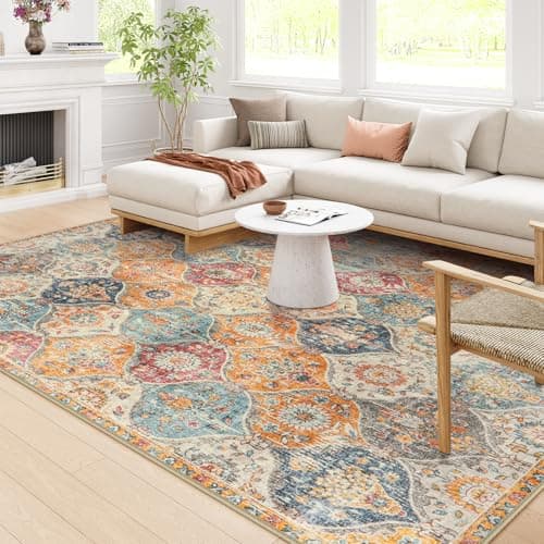 Lahome Moroccan Washable Area Rugs 8x10, 8x10 Rugs for Living Room Bedroom, Ultra-Thin Oriental Non-Slip Foldable Non Shedding Accent Large Carpet for Office Dining Room, Cream/Multi - Image 1