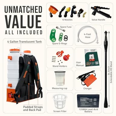 PetraTools Battery Powered Backpack Sprayer 4 Gallon - 6 Hours Long Battery Life & Padded Straps for Comfort - HD4000 Electric Backpack Garden Sprayer with 6 Spray Nozzles & 90PSI Adjustable Pressure - Image 3