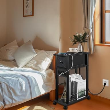 DGSANDGO Side Table with Charging Station and Drawer, Narrow End Table with USB Ports and Outlets for Small Space, Living Room, Bedroom and Office, with 4 Wheels (1, Black) - Image 5