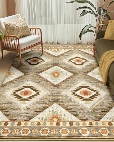 Area Rug 6x9 Rug Machine Washable Non-Slip Low Pile Print Pattern Western Rug for Living Room Bedroom Entryway Tribal Series -Cream/Camel - Image 1