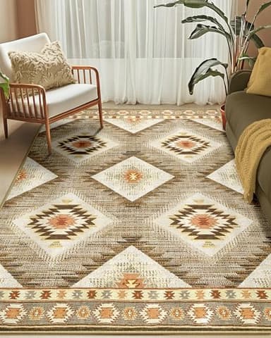 Area Rug 6x9 Rug Machine Washable Non-Slip Low Pile Print Pattern Western Rug for Living Room Bedroom Entryway Tribal Series -Cream/Camel - Image 1