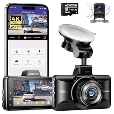 AZDOME M01 Max UHD 4K Dash Cam Front and Rear, Built-in Wi-Fi, Free 64GB Card, App Control, 4K+1080 Dash Camera for Car, Built-in ADAS, G-Sensor, IP68 Waterproof, 24H Parking Mode Dashcam - Image 1