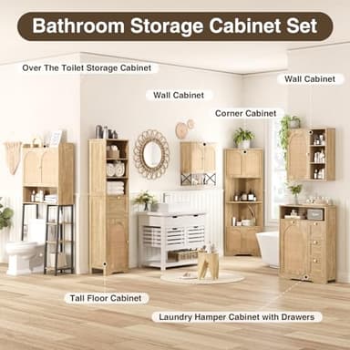 Rattan Bathroom Wall Cabinet, Boho Medicine Wall Cabinet with Double Doors and Adjustable Shelves, Tall Kitchen Wall Mounted Storage Cabinet, Floating Space Saver Over Toilet, Natural - Image 8