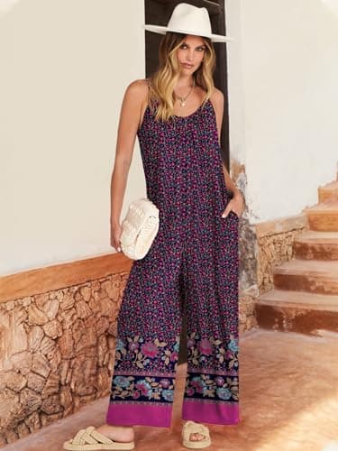 ANRABESS Women Jumpsuits 2025 Casual Sleeveless Spaghetti Strap Boho Wide Leg Rompers Dressy Summer Outfits Vacation Clothes Floral Purple Large - Image 2