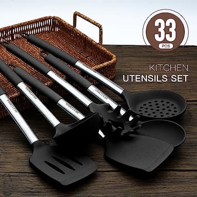 Kitchen Utensils Set-Silicone Cooking Utensils-32 pcs Non-Stick Silicone Cooking Kitchen Utensils Spatula Set with Holder-Best Kitchen Cookware with Stainless Steel Handle (Black) - Image 4