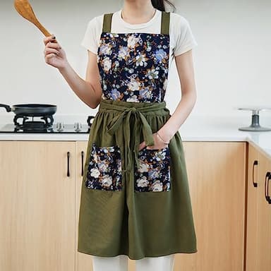 Pinknoke Vintage Pinafore Apron Dress for Women with Pockets Cute Floral Chef Aprons for Kitchen Cooking Baking Gardening (Olive Green) - Image 6