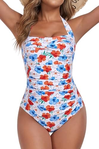Smismivo Tummy Control Swimsuit Halter One Piece Slimming Vintage Retro Plus Size Bathing Suit Womens Ruched Push Up Swimwear for Teen White Floral S - Image 5