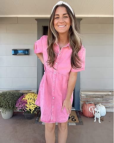 LookbookStore Pink Dresses for Women Valentines Day Pink Dress 2025 Summer Short Jean Dress Casual Short Sleeves Babydoll Denim Dresses for Women Size S - Image 5