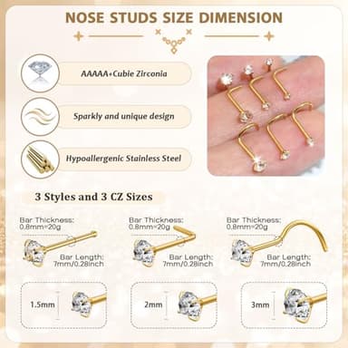 18g Gold Nose Rings Hoop and 20g Nose Studs Sets for Women Men,Hypoallergenic 316L Surgical Stainless Steel L Shape/Corkscrew/Straight Nose Studs Nose Screw Bone 1.5/2/3mm CZ Piercings Jewelry 12Pcs - Image 4