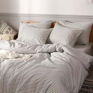 JELLYMONI 100% Natural Cotton 3pcs Striped Duvet Cover Sets,White Duvet Cover with Grey Stripes Pattern Printed Comforter Cover,with Zipper Closure & Corner Ties(Queen Size) - Image 2
