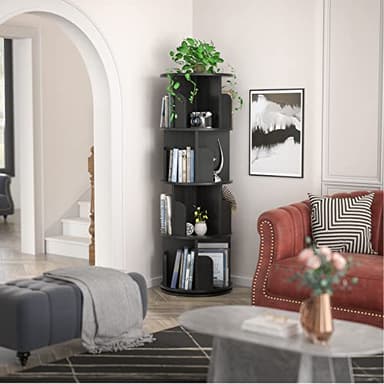 Aheaplus Rotating Bookshelf, 360 Revolving Bookshelf Tower for Small Space, 4 Tier Floor Standing Bookcase Storage Rack, Wood Narrow Book Shelf Organizer for Bedroom, Living Room, Study Room, Black - Image 2