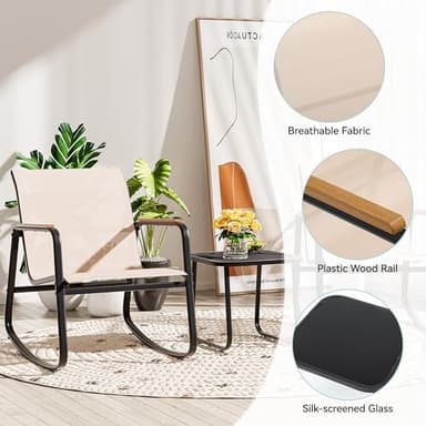 YITAHOME 3 Piece Rocking Bistro Set, Outdoor Patio Furniture Set with Wooden Armrests, Porch Chairs Set with Glass Table for Lawn, Garden, Balcony, Poolside, Beige - Image 5