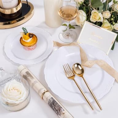 U-QE 100 Pieces White Plastic Plates - White Disposable Plates - Premium Hard Plastic Disposable Plates for Wedding and Party Use Including 50 Dinner Plates 10 '' & 50 Dessert Plates 7.5 '' - Image 7