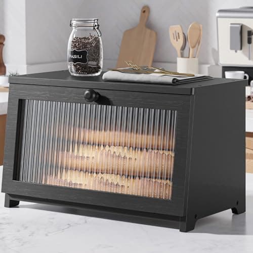 Kitsure Bread Box - Wooden Bread Box for Kitchen Countertop, Large Capacity Kitchen Countertop Organizer, Stylish Bread Storage with Window, Multi-functional Container, Black, 15.0"x8.3"x9.1" (1T) - Image 1