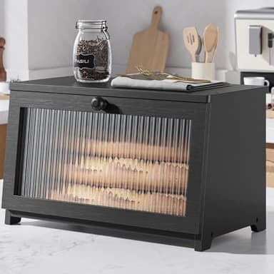 Kitsure Bread Box - Wooden Bread Box for Kitchen Countertop, Large Capacity Kitchen Countertop Organizer, Stylish Bread Storage with Window, Multi-functional Container, Black, 15.0"x8.3"x9.1" (1T) - Image 1