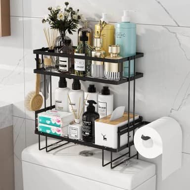Godboat Bathroom Organizers, 2-Tier Over Toilet Storage, Floating Shelves with 2 Hooks & Paper Holder, Wall Mounted Shelf Furniture, Cool Accessories & Decor, Gifts for Women, Mothers Day (Black) - Image 8