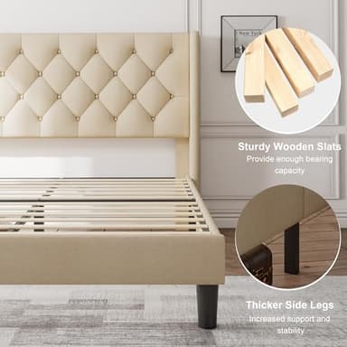 Feonase Queen Size Bed Frame with Diamond Tufted Wingback Headboard, Morden Upholstered Platform Bed, Sturdy Wooden Slats Support, Noise-Free, No Box Spring Needed, Easy Assembly, Beige - Image 5