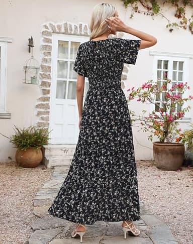 Women Summer Short Sleeve Round Neck Flutter Sleeve Smocked Pleats Ruffle Maxi Floral Dress Black Printed XL - Image 4