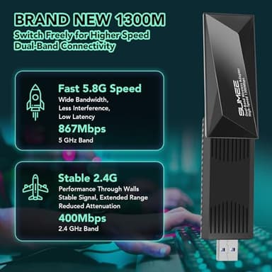Skrtime USB WiFi Adapter 1300Mbps Foldable Dual Band Wireless Network Dongle for Desktop Laptop PC - Image 3