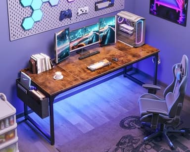 ODK Computer Desk Large Office Desk, 63 Inch Gaming Desk with Storage, Modern PC Work Table with Headphone Hook for Home Office, Splice Board, Rustic Brown - Image 8