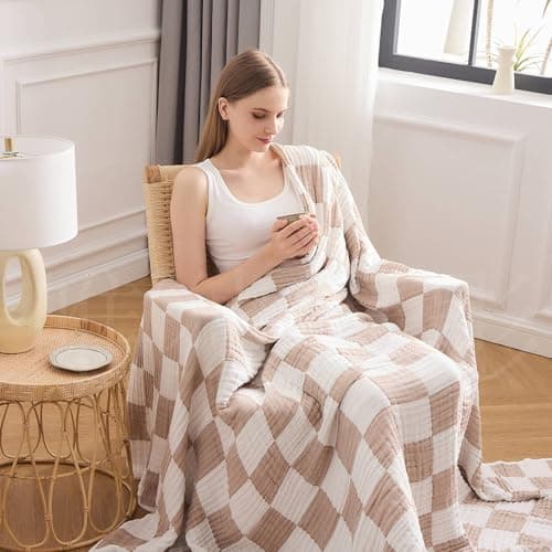 EMME Checkered Cotton Blanket Queen Size for Bed Soft Large Muslin Bed Blankets 80"x90" Lightweight Breathable Cooling All Season Gauze, Light Tan - Image 1