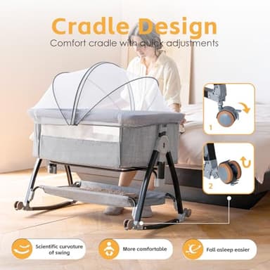 venowu Bedside Crib, 3 in 1 Bassinet with Quick Height Adjustment and Mosquito Nets Rocking Bassinet for Baby, Bedside Bassinet with Wheels, Easy to Fold, Golden Triangle Structure（Grey） - Image 6