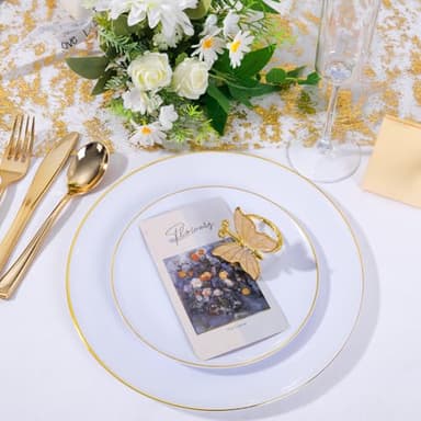 KIRE 200PCS Gold Plastic Plates - Disposable Plates for Party - White Plastic Plates with Gold Rim Include 100 for Dinner and 100 for Dessert/Salad in Wedding/Thanksgiving - Image 2