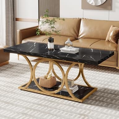 Tribesigns Rectangle Coffee Table, 47.24-inch Modern Coffee Tables for Living Room, 2-Tier Faux Marble Wood Coffee Table with Geometric Metal Legs, Furniture with Storage Shelf (Black & Gold) - Image 1