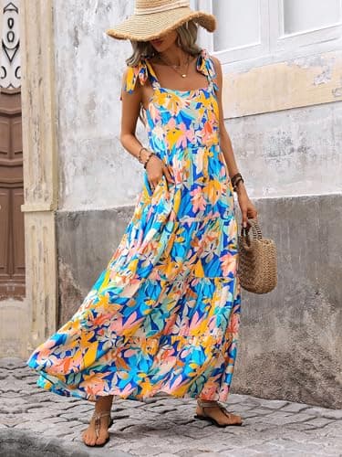PRETTYGARDEN Summer Dresses for Women 2025 Sleeveless Spaghetti Strap Long Floral Maxi Dress Boho A Line Beach Sundresses(Multicolored Blue,X-Large) - Image 4