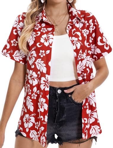 Hawaiian Shirts for Women, Summer Tropical Shirts Womens Floral Tops Beach Button Up Shirts for Women Luau Outfits Hawaii Short Sleeve Blouses for Ladies, Aloha Shirt for Party, Flower Red, Small - Image 2