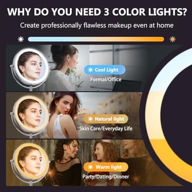 Rechargeable 10x/1x LED Makeup Mirror with Lights, Magnification & 3 Color Modes - 9 Inch, Type C Charging, 2000mAh Battery, Lighted Vanity Mirror for Desk, Magnifying Mirror for Makeup Enthusiasts - Image 3